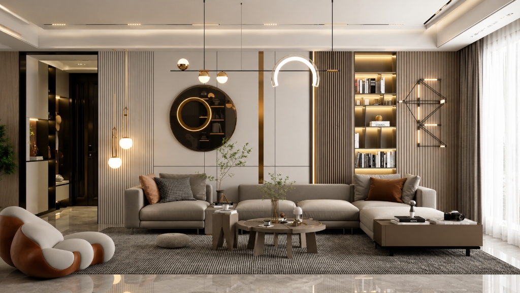 Slatted timber wall lounge suite
