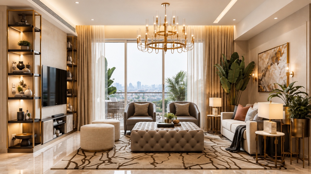 Highrise sky lounge with brass chandelier