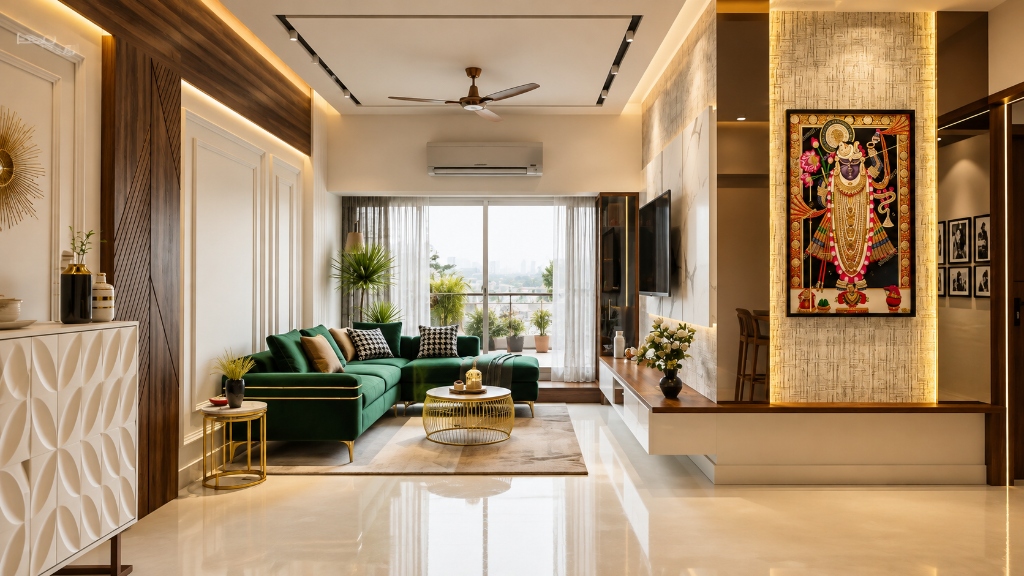Emerald sofa with backlit Pichwai art panel